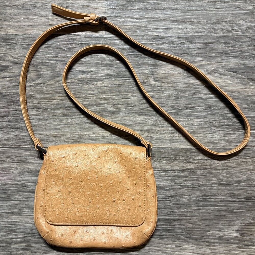 Liz Claiborne Tan Faux Ostrich Embossed Leather Crossbody Bag Vintage